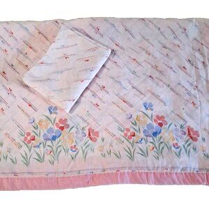 Vintage Twin Flat Sheet W Pillowcase Pink Flowers Girls Bedroom Cottage Retro